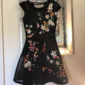 Flower Embroidered Black Dress